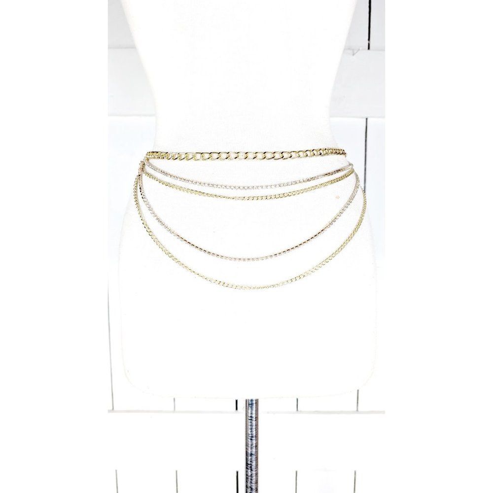 Gold metal rhinestone chain layered hanging belt